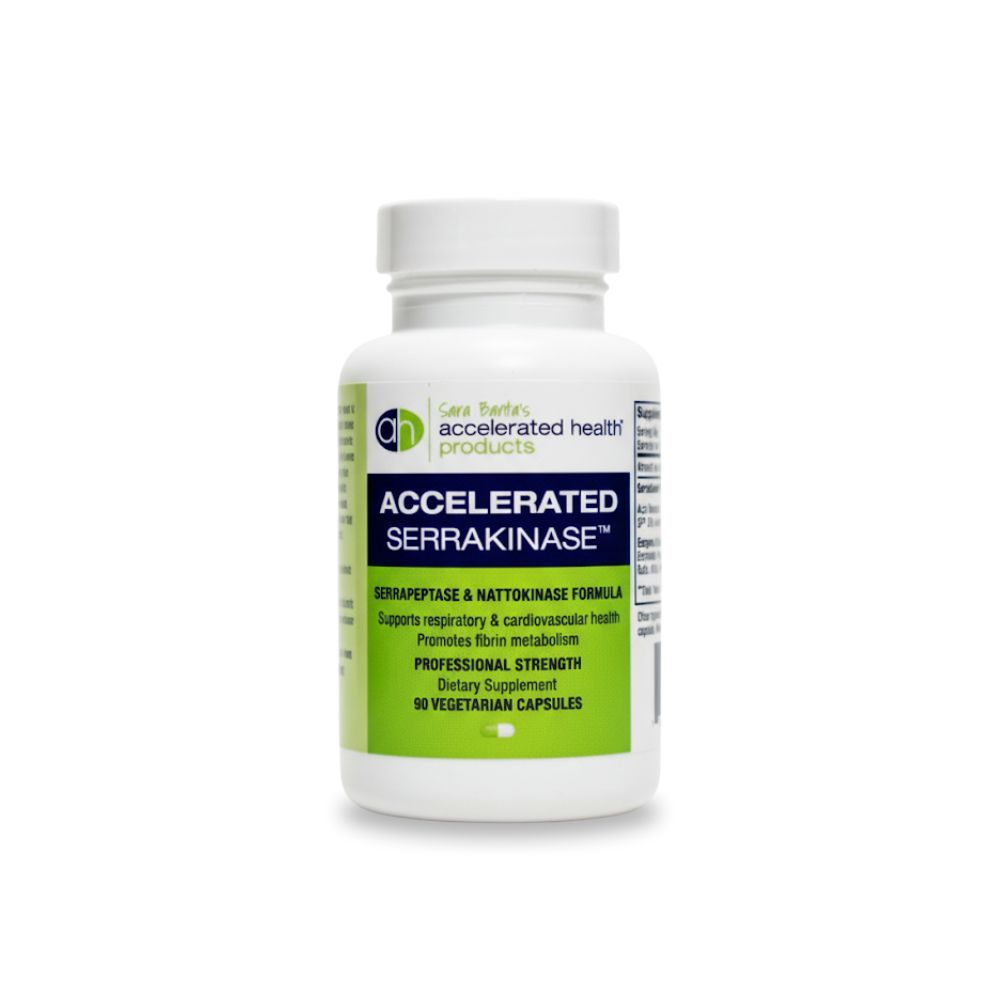 Supplement bottle labeled 'Accelerated Serrakinase' on a white background
