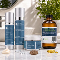 Thumbnail for botanical anti aging skin care set from accelerated health products Accelerated Products arranged on a white marble surface with a sink and green plants in the background. The set includes an Accelerated Face Lift Cream bottle, an Accelerated Face Lift Mist Spray bottle, an Accelerated Face Lift Mask jar, and an Accelerated Solar Castor Oil amber bottle, with cream, serums, and oil droplets placed in front.