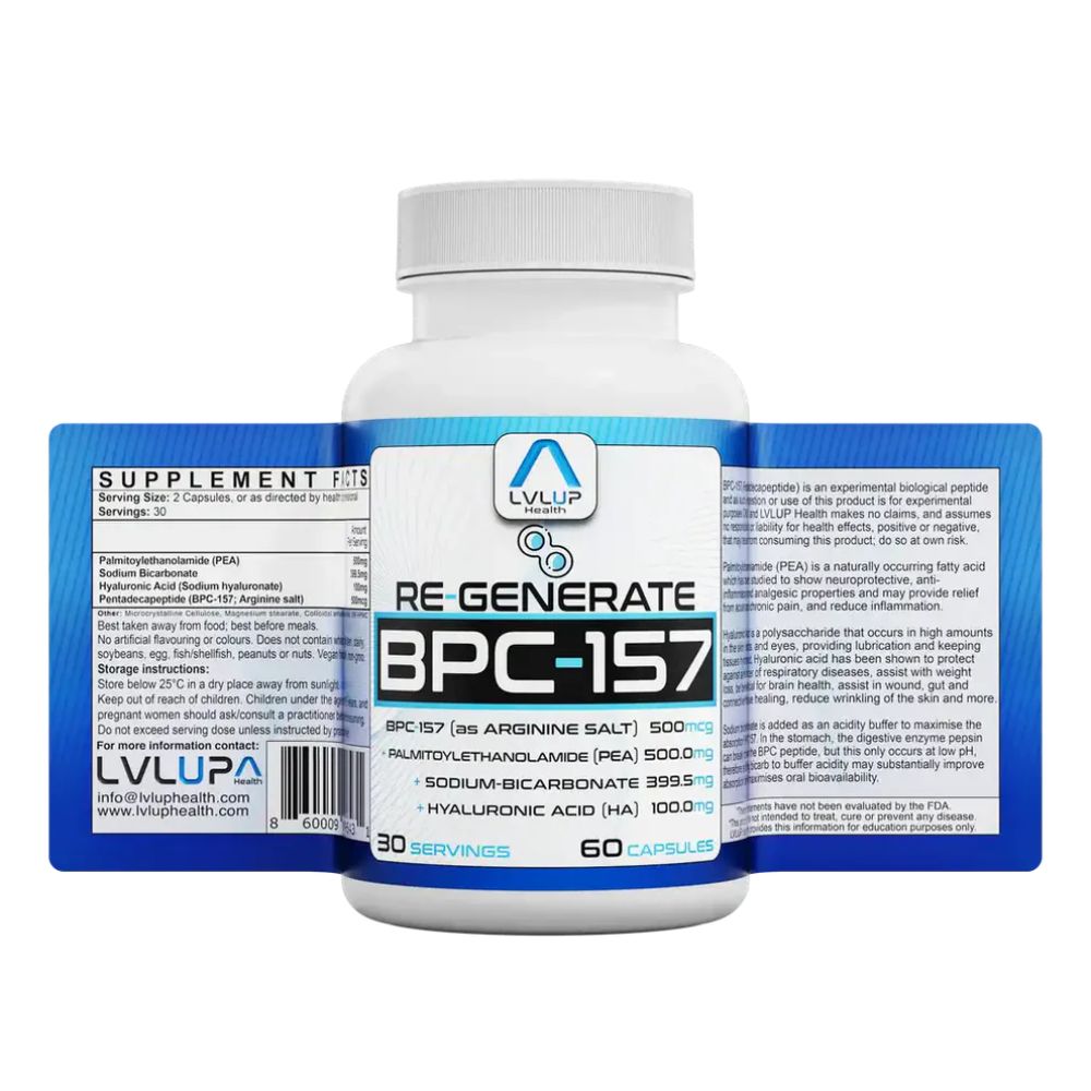 lvlup Supplement bottle labeled 'RE Generate BPC-157' with blue and white label on a white background